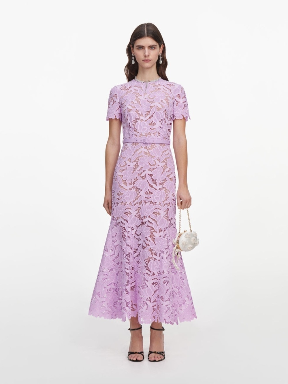 NEW Self-Portrait Lilac Lace Belted Short Sleeve Midi Dress 2026 - US 4 / UK 8